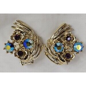 Vintage Coro Gold Tone Aurora Borealis And Amethyst Rhinestone Clip on Earrings